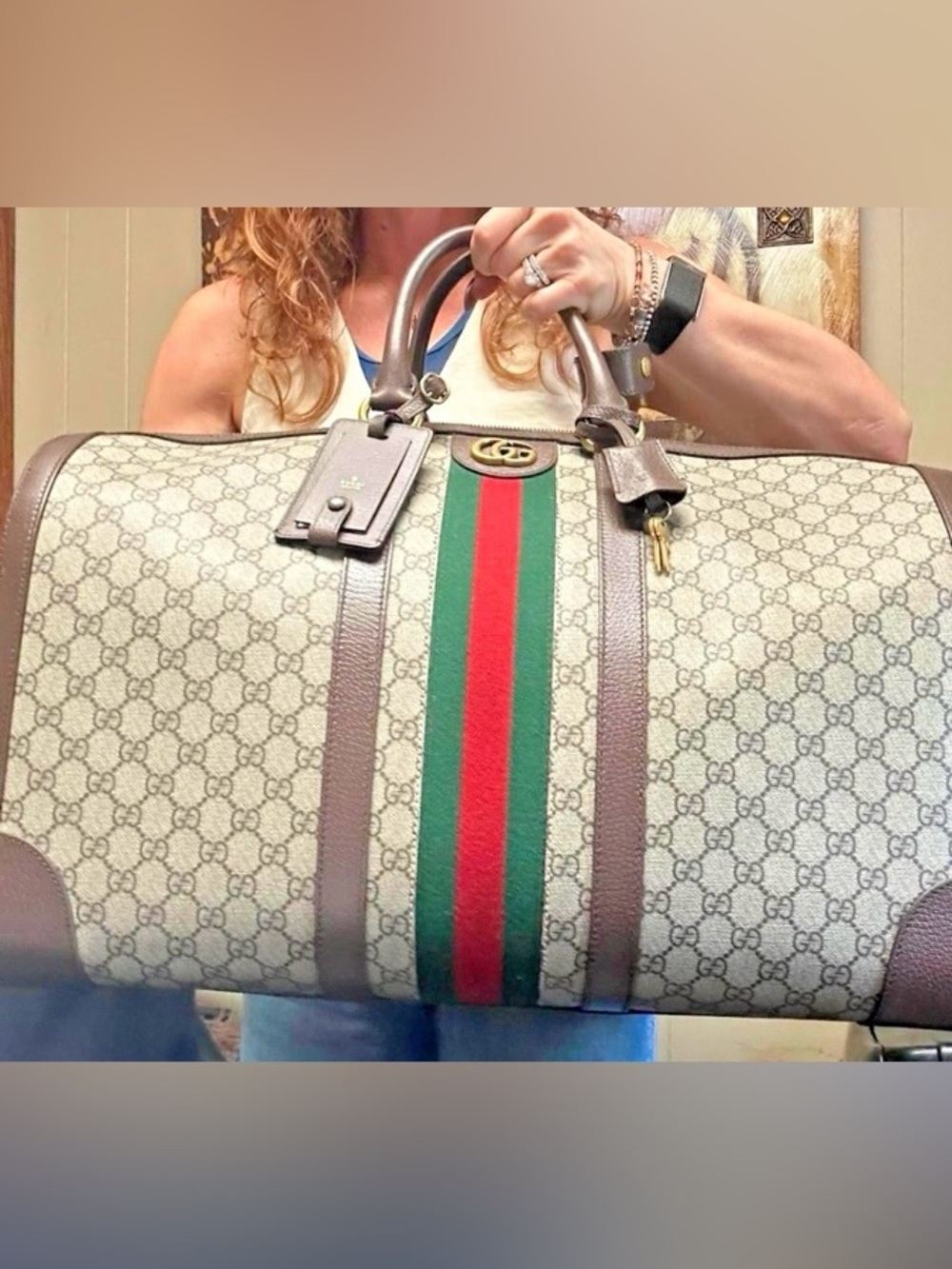 Gucci Savoy Large GG Supreme Duffle Bag Web Stripe